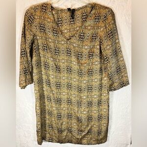 MNG By Mango Dress Gold V-Neck Cheetah Satin Animal Print Size EUR L/US 8